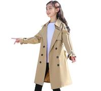 Amur Leopard Manteau Fille de Couleur Unie Blouson Coupe-vent avec Ceinture Veste Enfant Trench-coat Décontracté, Kaki, 150/11-12 Ans