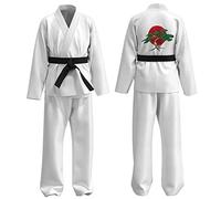 Amur Leopard Uniforme de Taekwondo Enfant Fille Vêtement d'Entraînement de Karaté Tenue de Judo Garçon Imprimée avec Ceinture Noire, Blanc, 140/8-9 Ans