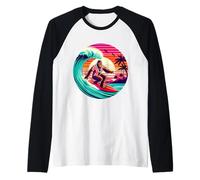 Amusant Surf Sasquatch Hawaïen Coucher de Soleil rétro Tropical Vibes Manche Raglan