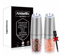 AmuseWit Gravity Ensemble de moulins à poivre et sel électriques [lumière blanche] - Moulins à poivre et à sel automatiques à piles, grossier réglable, fonctionnement à une main, acier inoxydable