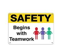 amusFlynnel Panneau d'avertissement « Safety Begins with Teamwork Safety Slogans » - 30,5 x 40,6 cm - En aluminium