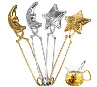 AMUSLESUR Lot de 4 Infuseurs à Thé en Inox Forme Étoiles et Lunes Passoires à Thé en Vrac Doré et Argenté Infuseur Boule Longue Poignée Accessoire la Cuisine et Tisane