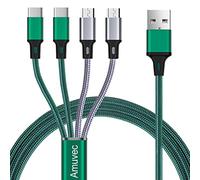 Amuvec Câble USB 4 en 1, 1.2M 3A Multi Universel Tressé Câble de Rapide Charge avec 2 Micro USB 2 Type C Connecteurs, pour iPhone 17 16 15, Samsung Galaxy S25 S24 S10, Huawei, Sony, Xiaomi, Moto, PS5