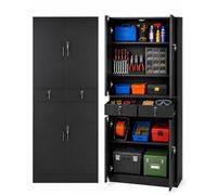 Amveya Armoire de rangement verrouillable multifonction avec 4 portes et 2 tiroirs, étagères réglables, armoire de garage, garde-manger, armoire étroite pour garage, noir, 75 x 39 x 200 cm