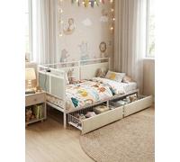 Amveya Canapé Lit Coffre 90x190, Canapé Convertible avec Côtés en Velours Doux, Lit Gigogne avec LED et Multiprise USB, Cadre de Sommier avec 2 Tiroirs, Beige et Blanc