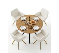 Amveya Ensemble Table à Manger Ronde 100 cm avec 4 Chaises Pivotantes Rembourrées en Bouclette Beige avec Accoudoirs Table Effet Chêne Pieds Dorés 5 Pièces