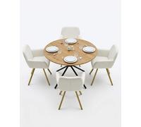 Amveya Ensemble Table à Manger Ronde 120 cm avec 4 Chaises Rembourrées en Tissu Beige Pieds Aspect Chêne Table Effet Chêne Set Salle à Manger Moderne 5 Pièces