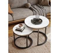 Amveya Petite Table Basse Gigogne Lot de 2 Ronde 50+40cm, Table de Salon Basse Effet Marbre Blanc et Métal Noir, Bout de Canapé Style Scandinave pour Meubles de Salon