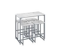 Amveya Table Bar Haute avec Tabouret 4 Personnes, Ensemble Table et 4 Chaises, Meuble Bar en marbre Blanc et Cadre argenté, Multifonctionnel Applicable Multi - Scénarios