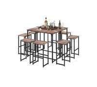 Amveya Table Bar Haute avec Tabouret 8 Personnes, Ensemble Table et 8 Chaises, Meuble Bar avec Effet Grain de Bois et Cadre Noir, Multifonctionnel Applicable Multi - Scénarios