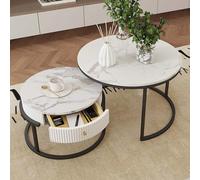 Amveya Table Basse Gigogne Ronde Blanche Marbre avec Tiroir, Table Basse Salon Ronde avec Rangement Moderne avec Cadre Noir