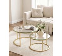 Amveya Table Basse Ronde Verre Lot de 2 Ø80+60 cm, Tables Gigognes Salon avec Plateau en Verre Transparent et Structure Métal Doré, Table de Salon Moderne Étanche Intérieur Extérieur