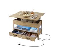 Amveya Table Basse Salon avec Rangement, Table Basse Relevable Bois avec 1 Plateau élévateur Extensible et 2 tiroirs(100 x 100 x 47,5-63 cm)