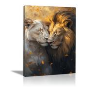 AMXBZC Moderne Tableau Decoratif Affiche des Deux Lions Mignons mpression sur toile -Décoration murale pour salon et chambre - nature contexte animaux poster mural(Or)-60x90cm Encadrée