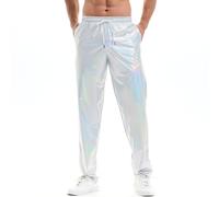 Amy Coulee Pantalon métallique pour homme - Pantalon disco brillant et pantalons scintillants avec poches, Argenté., L