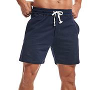 Amy Coulee Short d’entraînement pour hommes avec cordon de serrage en coton de 14 cm avec poches, bleu marine, L