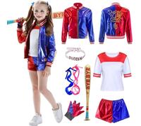 Amycute Déguisement Squad Costume Fille Enfant, Cosplay Joker Queen Costume Tee Shirt Tenue Veste Tshirt Short Gants Perruque pour Carnaval Halloween (RougeBleu, 120CM)