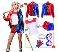 Amycute Squad Déguisement Adulte Femme, Costume Joker Fille Halloween Veste Short T-Shirt Gants Collier Perruque Bâtons Gonflable Autocollants de Tatouage Deguisement Carnaval