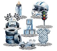 Amyhill Lot de 8 décorations de voiture de course en bois avec base à carreaux, style vintage, aquarelle, centre de table pour fête prénatale, 1er anniversaire, fête sur le thème des courses