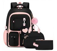 Amythe Set 4 pièces Sac d'école Fille 3e-7e École Voyage | Sac à dos Ado Sac Repas Trousse Lycée 23L Mignon Noir Rose