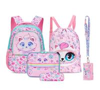 Amythe Set Sac à Dos Fille 6-10 Ans, Cartable Fille Primaire CP CE1 CE2, Kit Scolaire avec Sac de Sport, Trousse, Sac Repas et Porte-Monnaie, 5pcs Sac D'école Imperméable Léger, Rose