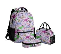 Amzbeauty Ensemble sac à dos d'école 3 pièces grande capacité avec boîte à déjeuner et trousse à crayons pour garçons et filles, Dinosaure magique, Décontracté