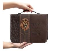 Amzbeauty Housse de Bible Sac Fourre-tout Housse de Bible Imprimé Croix Lion Imperméable Cuir PU Grand Étui avec Poignée Fermeture Éclair Rangement Stylo