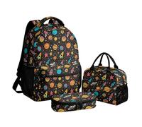 Amzbeauty Lot de 3 sacs d'école pour garçons et filles - Sac à dos léger et décontracté - Trousse à crayons pour étudiants, Space Planet Rocket Star Doodle, Décontracté