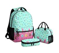 Amzbeauty Sac à dos d'école 3 pièces pour enfants et adolescents avec trousse à déjeuner, Saupoudrer de beignets, Décontracté