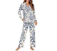 Amzbeauty Vêtements de nuit pour femmes, ensemble de pyjama à manches longues, vêtements de détente avec boutons, tailles XS à 4XL, Motif floral baroque bleu et blanc, XL