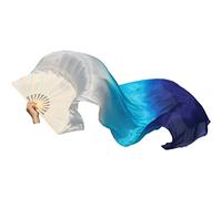 AMZBNEIDI Voile en Soie pour Danse Orientale, 1 Voile d'éventail en Soie for Danse du Ventre de 70 Pouces, Banderole de Drapeau de louange réglable(White Turquoise Blue)