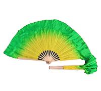 AMZBNEIDI Voile en Soie pour Danse Orientale, Paire d'éventails Courts en Soie Pliables for Le culte et Les Spectacles de Danse Folklorique Chinoise, 4" de Soie sur 12" de Bambou(Yellow Green)
