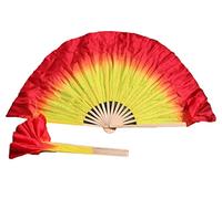 AMZBNEIDI Voile en Soie pour Danse Orientale, Paire d'éventails Courts en Soie Pliables for Le culte et Les Spectacles de Danse Folklorique Chinoise, 4" de Soie sur 12" de Bambou(Yellow Red)
