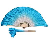 AMZBNEIDI Voile en Soie pour Danse Orientale, Paire d'éventails Courts en Soie Pliables for Le culte et Les Spectacles de Danse Folklorique Chinoise, 4" de Soie sur 12" de Bambou(White Turquoise)