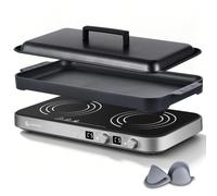 AMZCHEF 3000W Plaque à Induction 2 Feux, Plaque Induction Double Portable avec Plaque de Gril Amovible, 9 Niveaux de Puissance/Température, pour BBQ d'intérieur et Camping-car, Gris Fer