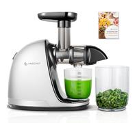 AMZCHEF Extracteur Jus - Extracteur de Jus de Fruits et Légumes - Presses-agrumes à Froid sans BPA avec 2 Tasses et Brosse - Fonction de Mastication Inversée pour Éviter les Blocages - Blanc Pur