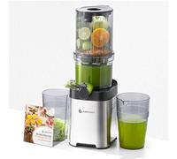 AMZCHEF Presse-agrumes à froid, centrifugeuse lente avec grande goulotte d'alimentation de 118 mm pour fruits et légumes entiers, presse-agrumes en acier inoxydable durable, tarière auto-coupante