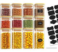 Amzeeniu Bocaux en Verre Lot de 12,430ml/750ml Bocal en Verre avec Couvercle,Pot Epices verre Rangement Cuisine Bocaux à Épices,Hermetiques Boite Rangement pour Céréales 16 étiquettes Noires,Stylo