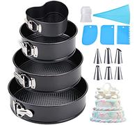 Amzeeniu Moule à Charnière,Set de 4 11/18/23/26 cm Moule à Gâteau Rond Professionnel et Ustensiles de Cuisson,Fond Amovible Anti-adhésif avec Kit de 8 Douilles Pâtisserie,et 3 Gâteau Scrappers, Noir