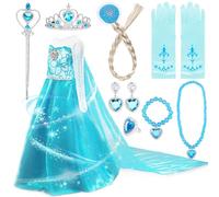 Amzeeniu Vestito Elsa Frozen Bambina,11pcs Elsa Costume Bambina Corona/Bacchetta/Guanti/Treccia/Orecchini/Anello vestiti carnevale bambina Set da Principessa Elsa Cosplay Party Halloween Carnevale 120
