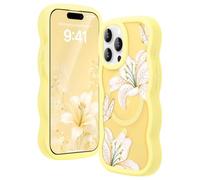 Amzfield Coque pour iPhone 16 Pro, compatible avec MagSafe, cadre bou t ondulé, joli motif floral translucide, dos rigide, antichoc en silicone pour iPhone 16 pro pour femmes, lys jaune