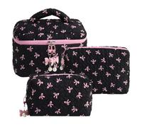 Amzlord 3 pcs Migne Makup Sac de capacité Soft Quilting Skincare Pouch Bowknot Sac de Rangement matelassé imprimé Travel Shopping Work Date Date