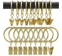 AMZSEVEN Lot de 90 anneaux de rideaux avec clips, clips de rideaux avec anneaux, anneaux de rideaux de 3,2 cm de diamètre intérieur, s'adapte à une tringle à rideaux jusqu'à 2,5 cm, couleur dorée