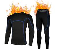 AMZSPORT Ensemble de sous-Vêtements Thermiques Homme Chemise et Pantalon de Compression à Séchage Rapide pour Le Ski Course à Pied en Hiver, NoirBleu XXL