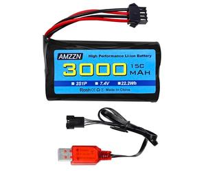 AMZZN 7.4V 3000mAh 15C 2S SM-4P Plug Li-ion Batterie avec chargeur USB pour EC08 DE85 RC voiture, camion RC bateau RC Drone Engineering Vehicle Backup Battery