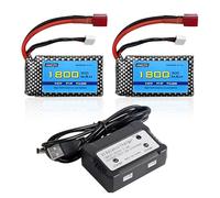 AMZZN Lot de 2 batteries Lipo 7,4 V 1800 mAh 2S 30C T-Plug avec chargeur 2 en 1 pour WLTYOS K929-B A959-B 12401 9200 9200E 300E YC200 HM123 1/10,1/12,1/16 RC pour voiture, camion Piles