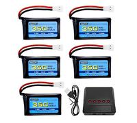 AMZZN Lot de 5 batteries Lipo 3,7 V 350 mAh 1S avec prise Molex et chargeur pour drone Syma X11C WLToys V911S RC, XK A150 BF-109 FX651 FX621 Z60 Jet F-16 F-22 F-35 Glider