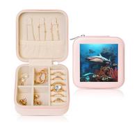 ANABPRMA Boîte à bijoux de voyage carrée en forme de requin sous-marin pour femme - Petit organisateur de bijoux en cuir avec fermeture éclair et miroir - Étui portable