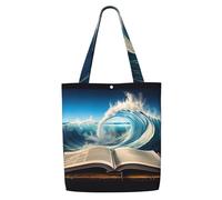ANABPRMA Book Wave Sac fourre-tout en toile imprimée pour femme - Sac à bandoulière réutilisable, grand sac à main avec fermeture à bouton, Imprimé Book Wave, Taille unique