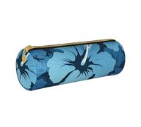 ANABPRMA Brown Bear Trousse cylindrique en cuir pour fournitures scolaires et de bureau avec fermeture éclair, Hibiscus bleu, Taille unique, Pochette à monnaie